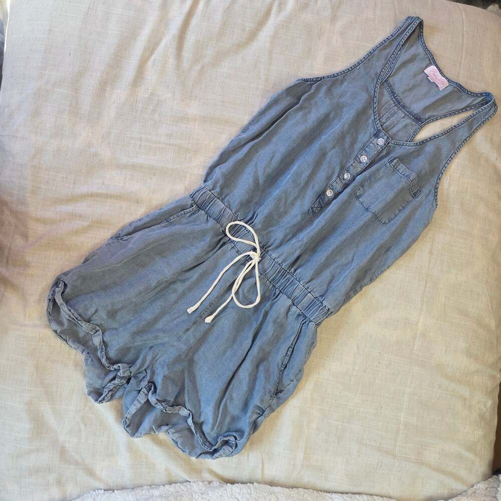 Pink Lily Tencel Denim Sleeveless Button Front Drawstring Romper